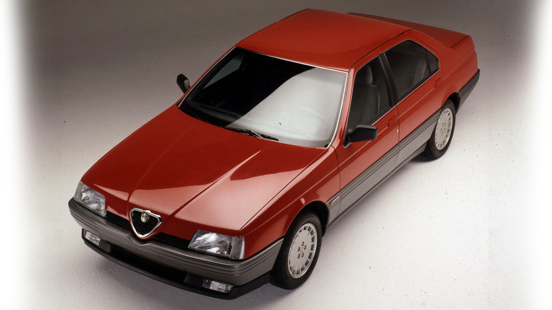 Top down front 3/4 view of a red Alfa Romeo 164