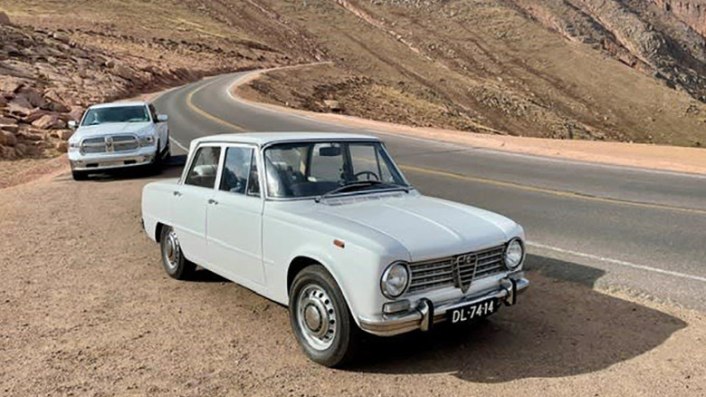 A white Alfa Romeo Giulia on Pikes Peak