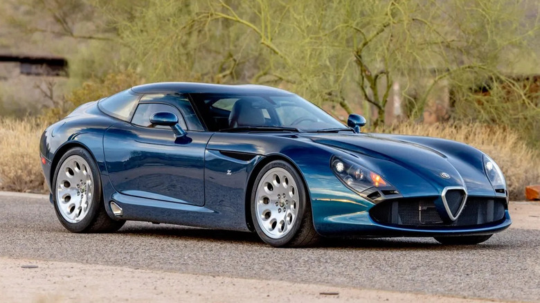 Front 3/4 view of a teal Alfa Romeo TZ3 Stradale