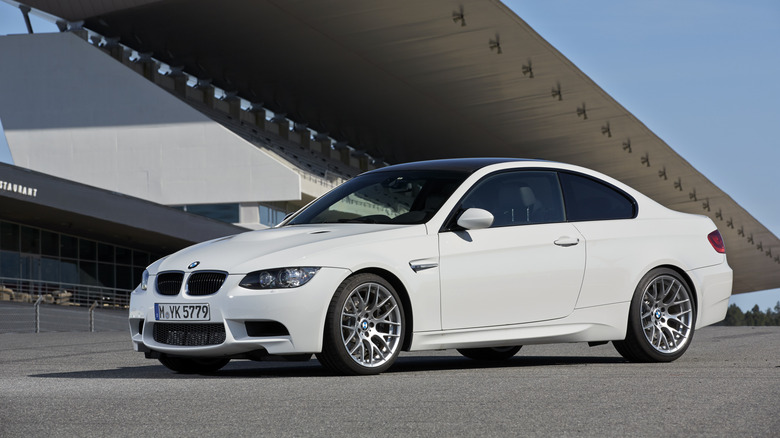 Front 3/4 view of a white BMW M3