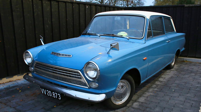 A blue Ford Cortina parked outside surrounded by a high fence
