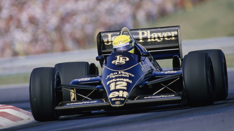 Ayrton Senna from Brazil drives the #12 John Player Special Team Lotus-Renault 98T Renault V6 during the Formula One Hungarian Grand Prix on 10th August 1986 at the Hungaroring Circuit, Budapest, Hungary.