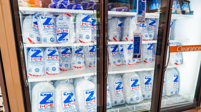 Bags of Ice Stacked in Commercial Freezer with Z Ice Brand