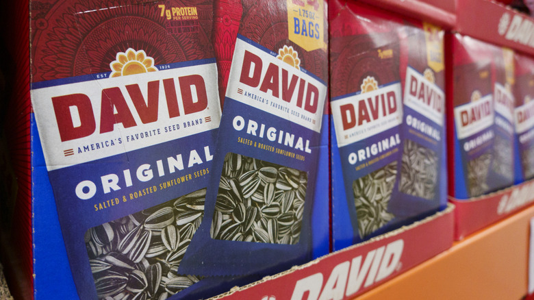 Packages of David sunflower seeds are displayed at a Costco Wholesale store on July 12, 2025 in San Diego, California.