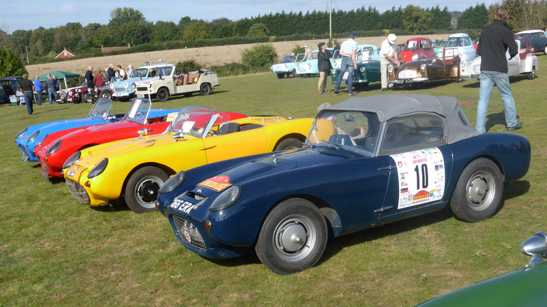 A line of Berkely cars parked on a lawn