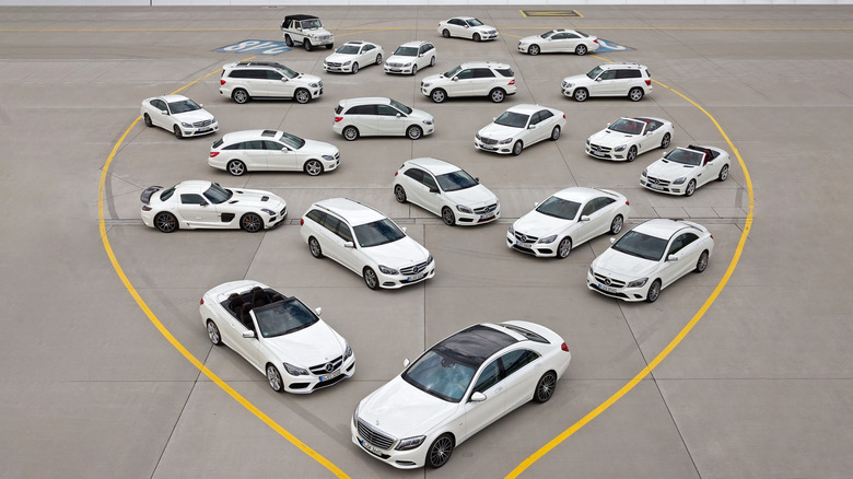 Two dozen white Mercedes parked together