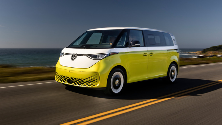 Front 3/4 view of a green and white Volkswagen ID Buzz