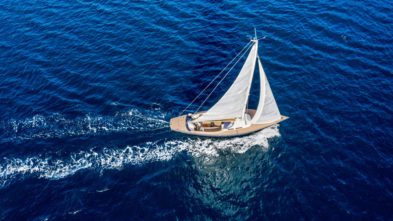 Classic sail vessel successful Mediterranean sea, aerial view