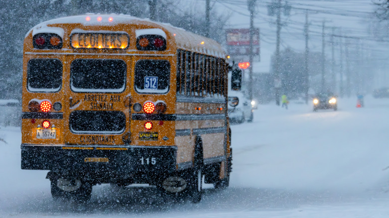  School autobus drives done dense snowfall during a acold wintertime day