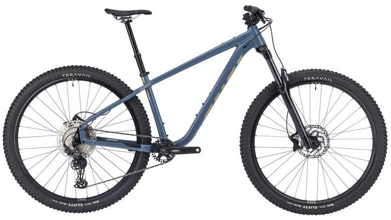 A blue hardtail mountain bike