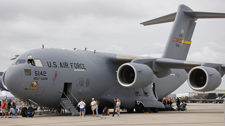 An Air Force C-17 Globemaster based retired of March Air Force Base is displayed during America's Air Show astatine Marine Corps Air Station Miramar connected September 26, 2025 successful San Diego, California.