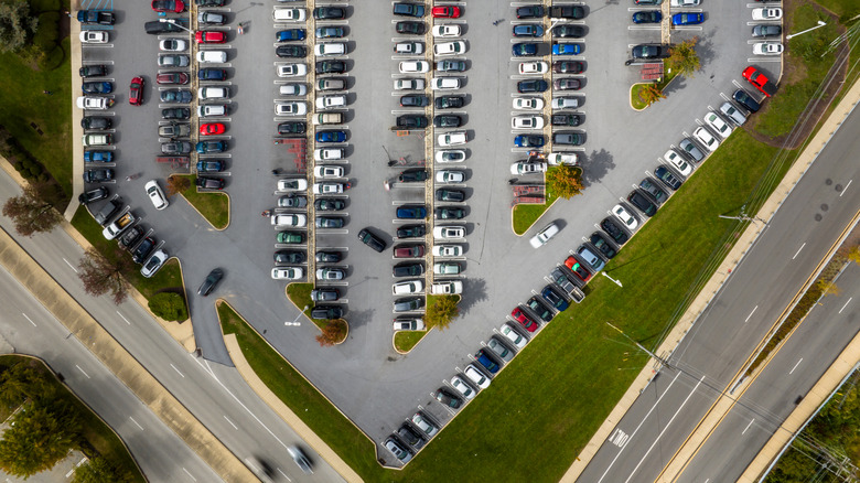 A parking lot with a unique angled layout