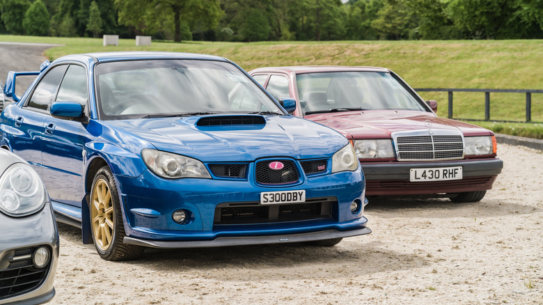 Chester, Cheshire, England, May 4th 2025. A blue Subaru Impreza WRX STi is displayed at the Chester Classic Car Auction.