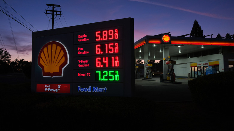 High fuel prices posted on a gas station sign