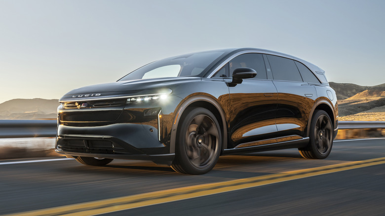 Front 3/4 view of a black Lucid Gravity