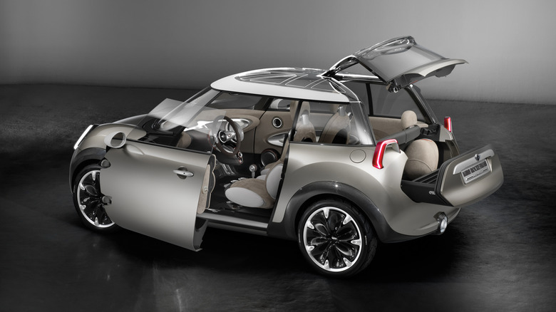 Rear 3/4 view of the Mini Rocketman concept with the doors and tailgate open