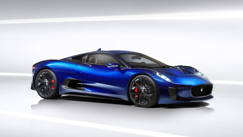 Front 3/4 view of a blue Jaguar C-X75