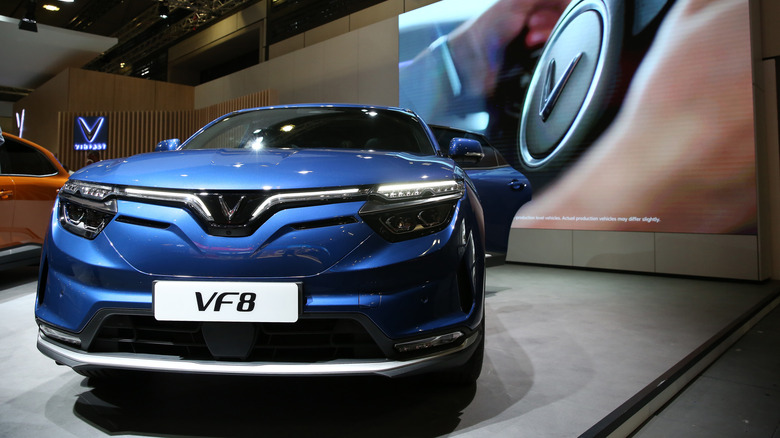 BERLIN, GERMANY - SEPTEMBER 01: A Vinfast VF8 electric car is seen during a press preview at the IFA (Internationale Funkausstellung) 2022 consumer electronics trade fair on September 01, 2022 in Berlin, Germany. IFA, running at its normal capacity for the first time in three years after a hiatus due to lockdowns amidst the coronavirus (Covid-19) pandemic, is open to the public from September 2-6. (Photo by Adam Berry/Getty Images)