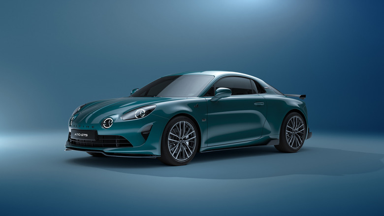 Turquoise Alpine A110 GTS seen from left front in a studio
