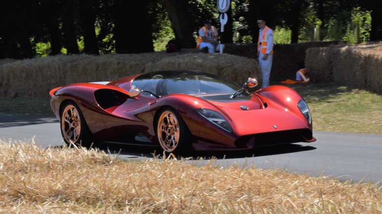Red De Tomaso P72 seen from right front on a track