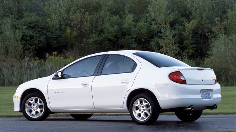 A white Dodge Neon parked in front of a thicket of trees