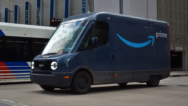 Front 3/4 view of a Rivian Amazon van