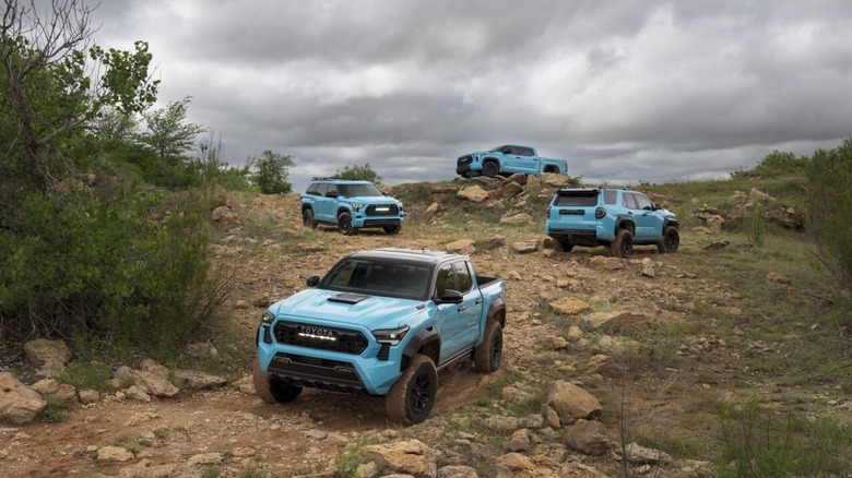 Toyota TRD lineup of trucks and SUVs parked in a rocky field