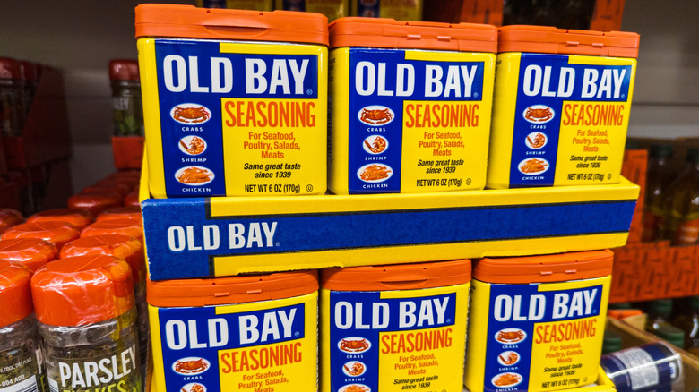 Old Bay Spices on Shelf at Store Brand Logo Display