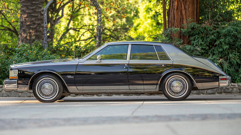 A side view of a silver and black Cadillac Seville Diesel bustle back parked in front of plants