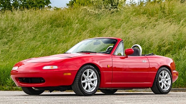 Zagreb, Croatia - May 20, 2019: Mazda MX-5 aka Miata stopped on the road. This iconic Japanese sports roadster became very popular in the eighties because it was affordable.