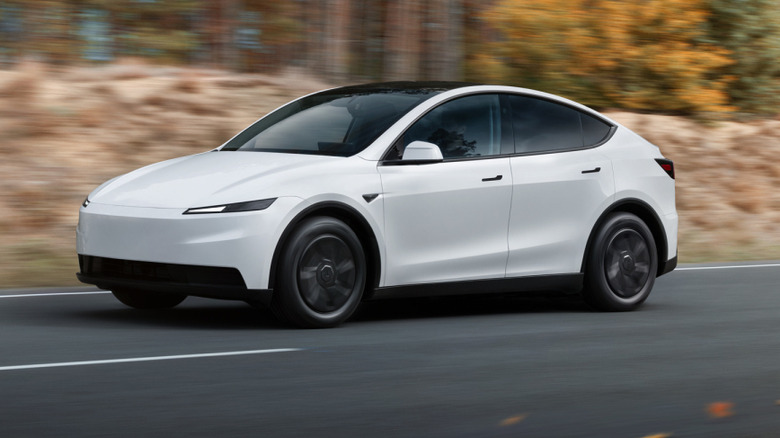 Front three-quarters shot of a white Model Y Base driving on a road past blurred trees