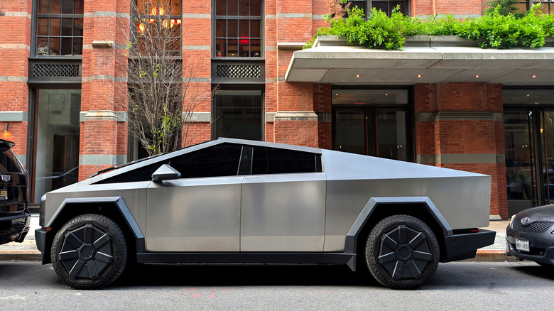 A Tesla Cybertruck is parked on Vandam Street in Hudson Square on May 22, 2026, in New York City.