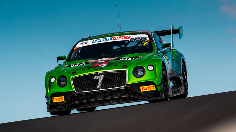 Front end of a green Bentley Continental GT3 race car