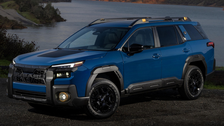 Front 3/4 view of a blue Subaru Outback Wilderness