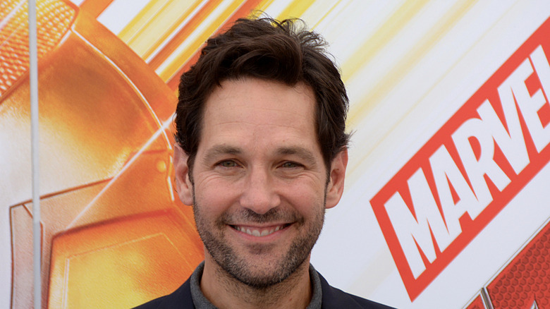Actor Paul Rudd at a Marvel movie premiere, smiling.