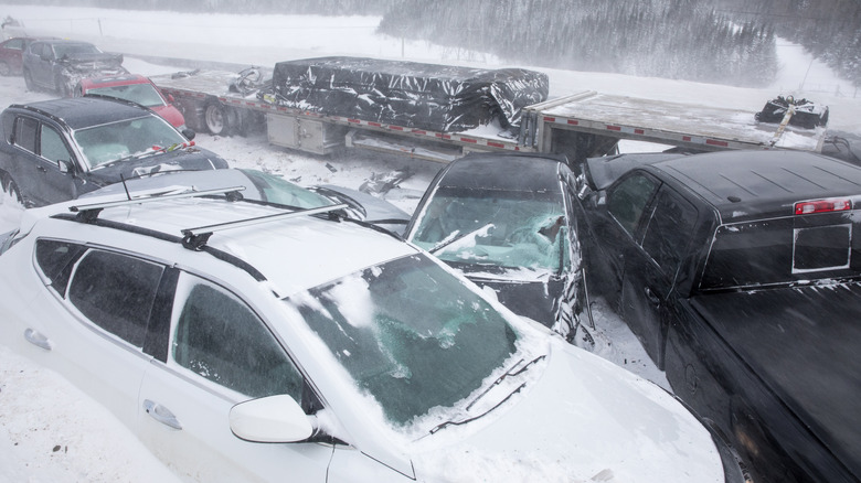 Quebec, Canada - January 2019 - Pileup - Multi crash on road with snow storm.