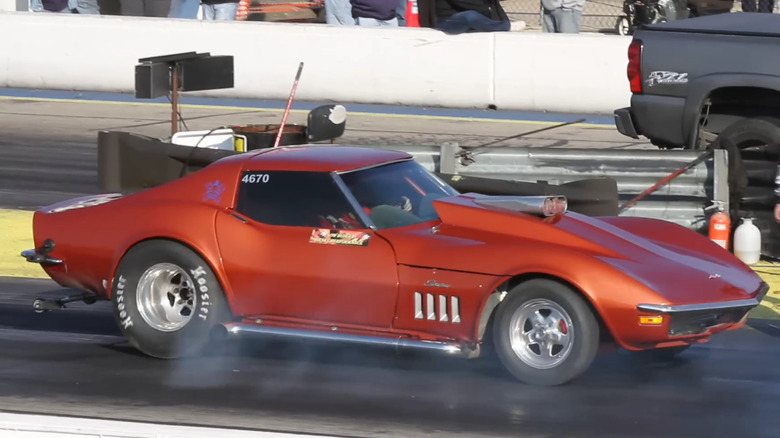 Ryan Lusk's 1968 copper diesel Corvette on the drag strip