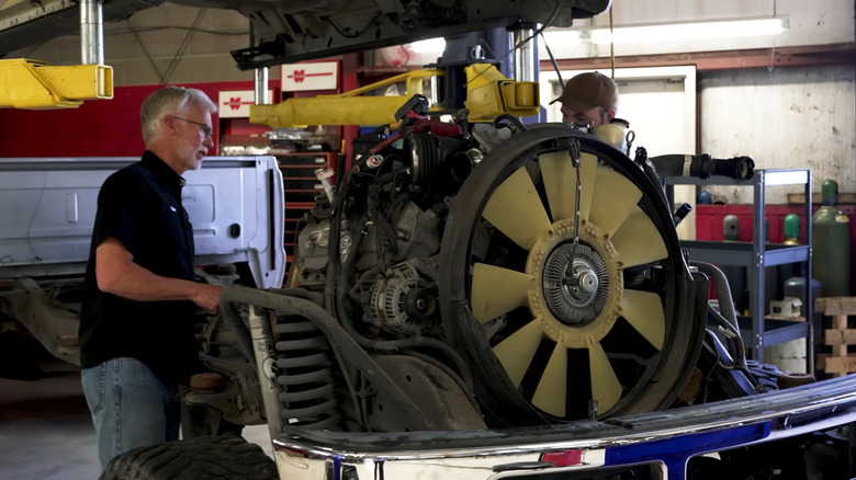 A 6.4-liter Power Stroke sitting in the frame with the truck's body removed