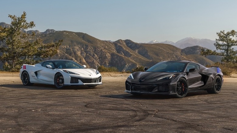 A white 2027 Chevrolet Corvette Grand Sport an a Black 2027 Corvette Grand Sport X