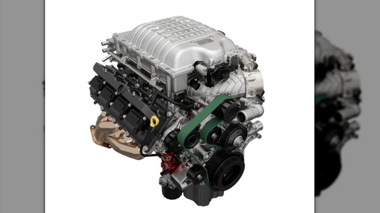 Quarter view of a Hellcrate Redeye 6.2L Supercharged Crate Engine on whote background