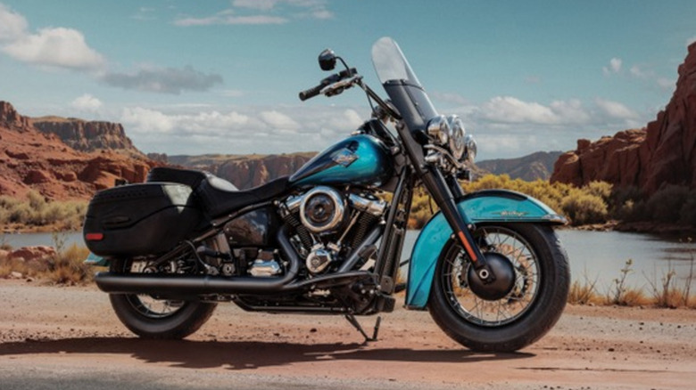 A 2026 Harley-Davidson Heritage Classic, black with teal highlights, parked on side of road with cliffs in background