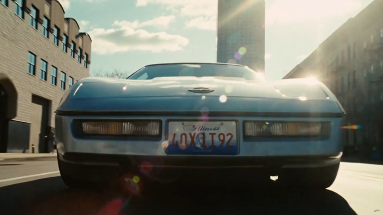 The front of Angelina Jolie's silver 1986 Chevrolet Corvette with Illinois license plate in the movie "Wanted"