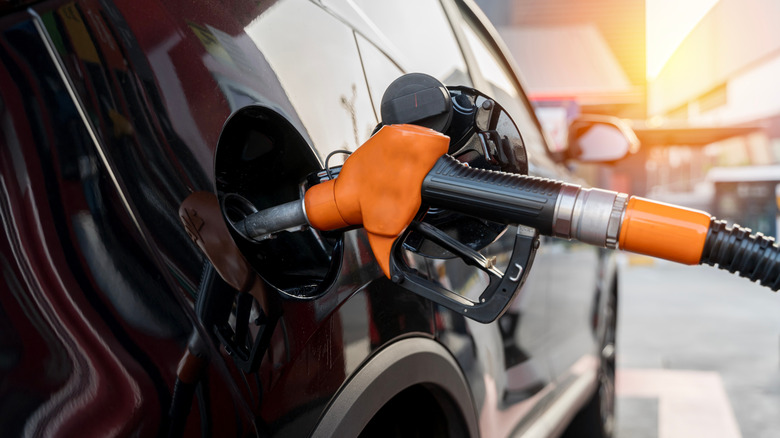 Fuel nozzle inserted into a car's fuel tank.