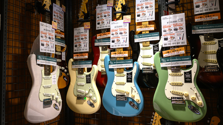 Fender Stratocaster guitars on sale in a music shop - Yokohama, Japan