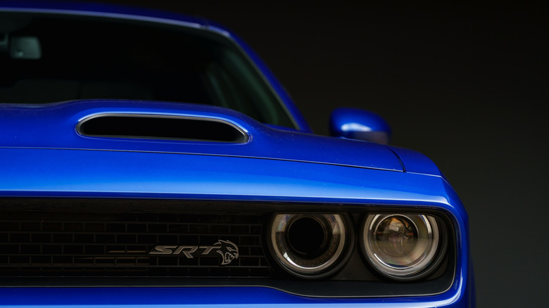 A close-up showing the Hellcat logo in the front grille of a car.