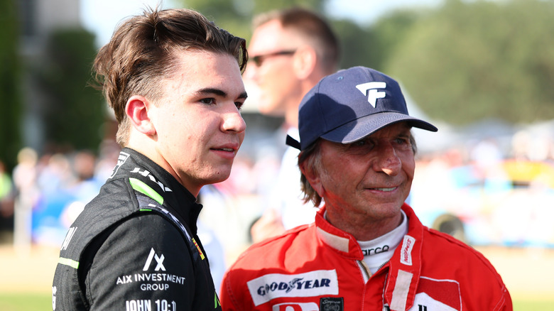 CHICHESTER, ENGLAND - JULY 09: Emerson Fittipaldi and Emerson Jnr look on during the Goodwood Festival of Speed at Goodwood Motor Circuit on July 09, 2026 in Chichester, England. (Photo by Simon Galloway/Getty Images)