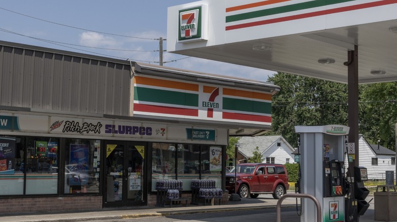 7-Eleven store with gas pump.