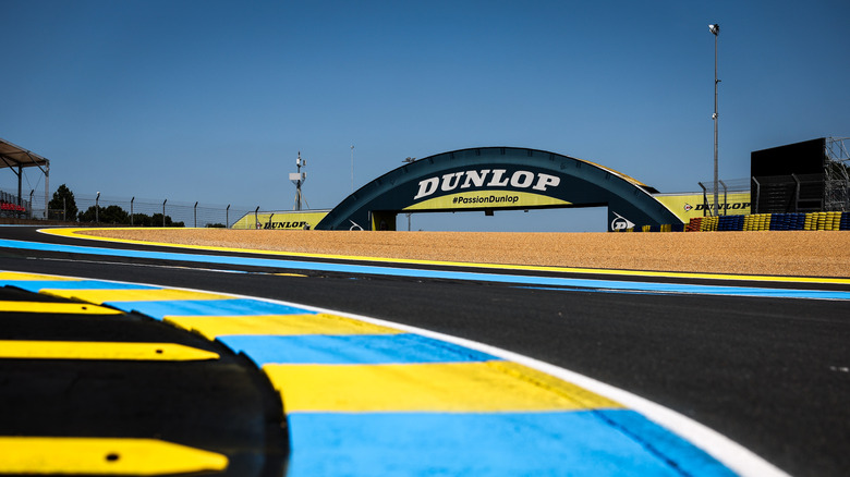A kerb detail view and Dunlop bridge during Le Mans Scrutineering at the Circuit de la Sarthe on June 7, 2024 in Le Mans, France.
