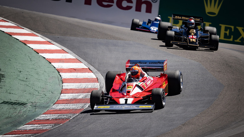 A 1976 Ferrari 312 T2 is seen on the Cork Screw at Laguna Seca during Rolex Monterey Motorsports Reunion on August 15, 2024 in Monterey, California.