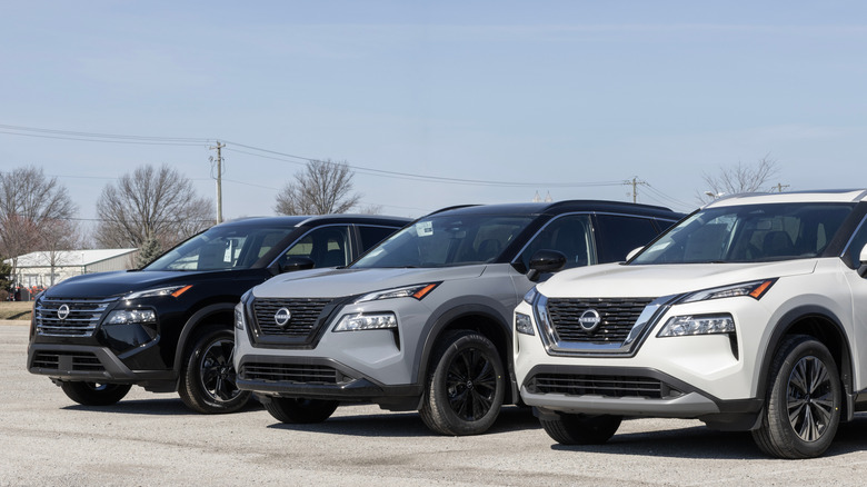 Fishers - February 3, 2024: Nissan Rogue display at a dealership. Nissan offers the Rogue in S, SV, SL and Platinum models.